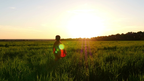 A Child in a Superhero Costume in a Red Cloak Runs Across the Green Lawn Against the Backdrop alt