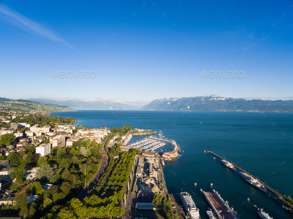 Aerial view of Ouchy waterfront in  Lausanne, Switzerland - Stock Photo - Images