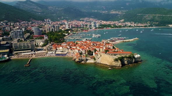 Aerial Beautiful Panoramic View at Old Town in Budva, Stock Footage