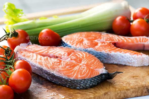 Two slices of gourmet fresh pink salmon - Stock Photo - Images