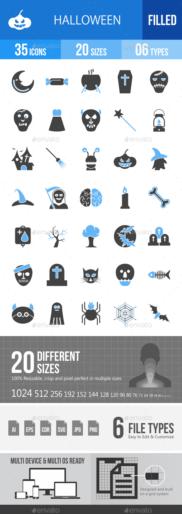 35 Halloween Filled Blue & Black Icons - Icons