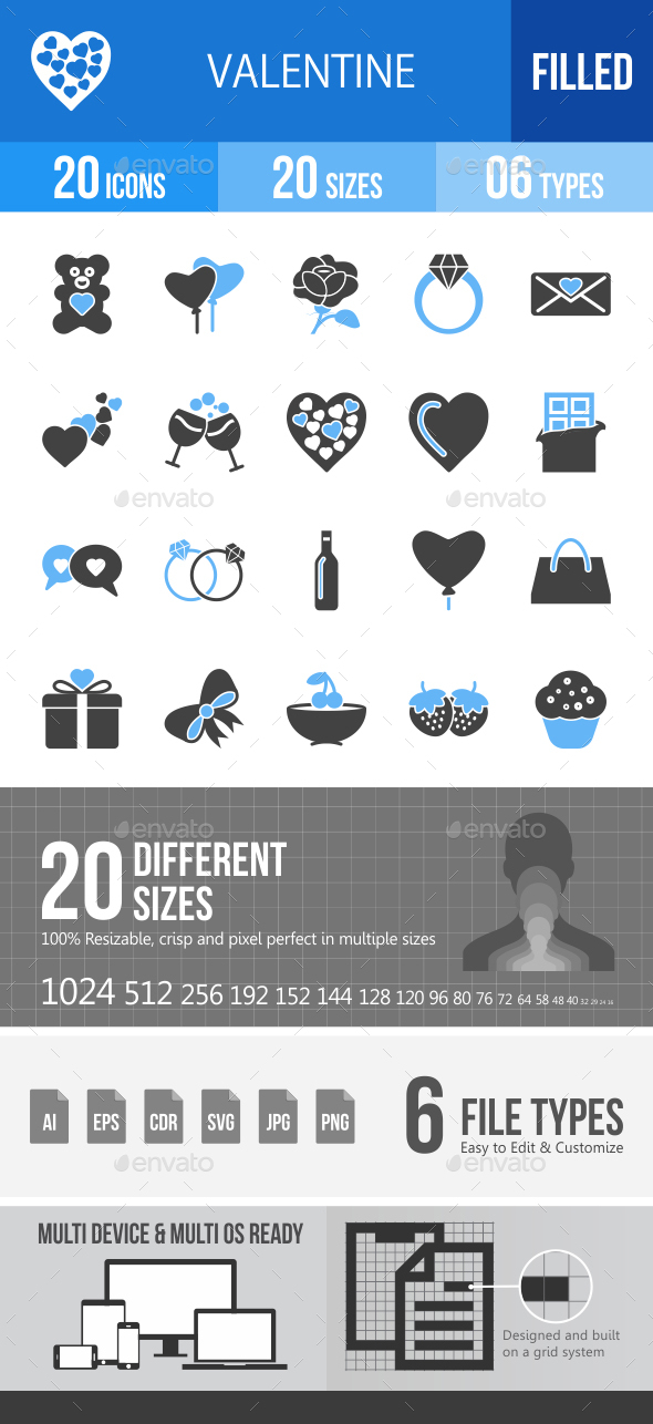 20 Valentine Filled Blue & Black Icons - Icons