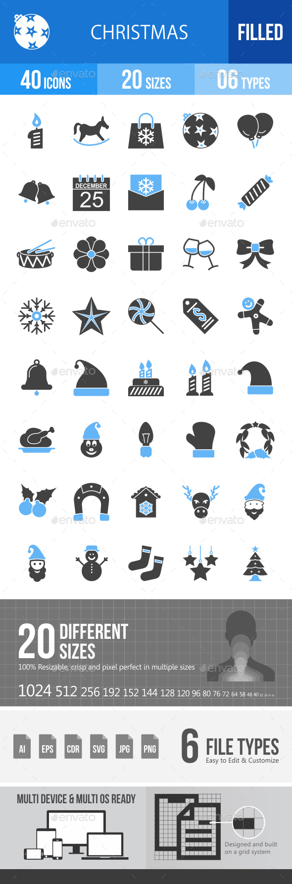 40 Christmas Filled Blue & Black Icons - Icons