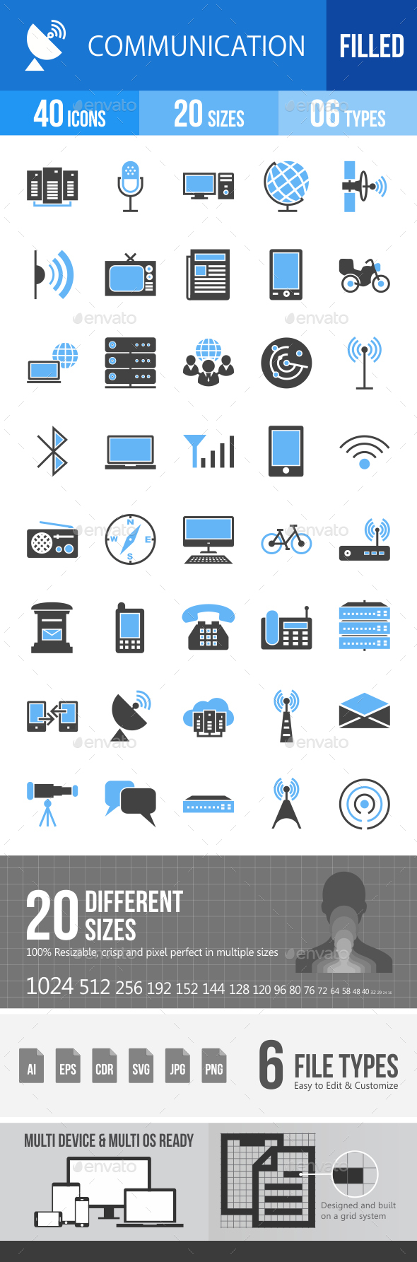 40 Communication Filled Blue & Black Icons - Icons