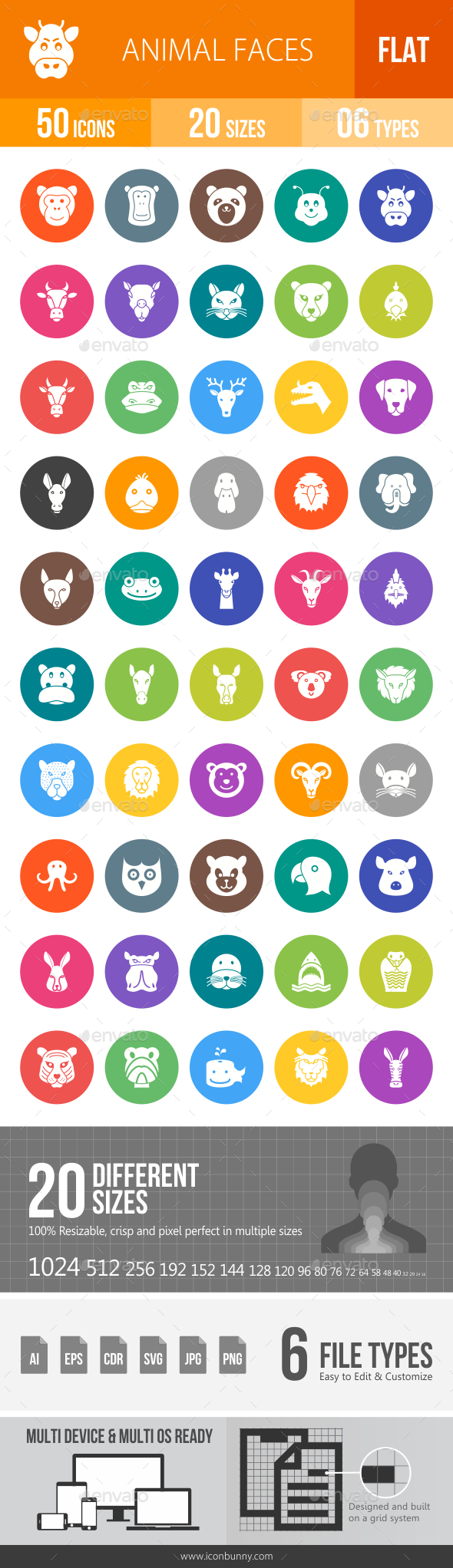 Animal Faces Flat Round Icons - Icons