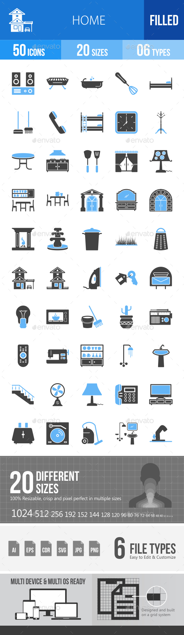 50 Home Electronics Filled Blue & Black Icons - Icons