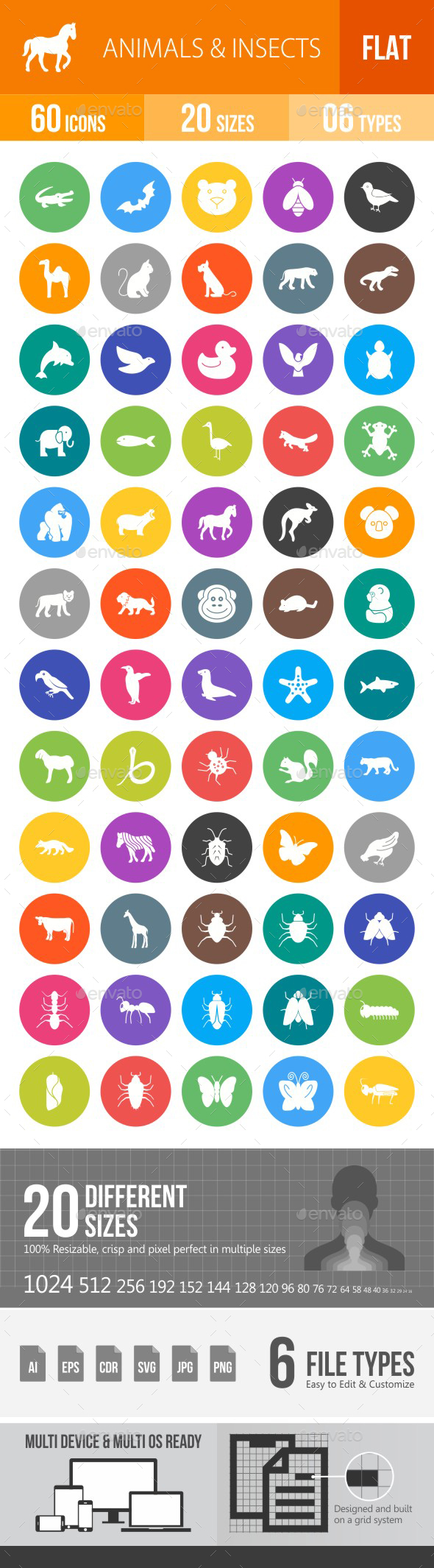 Animals & Insects Flat Round Icons - Icons
