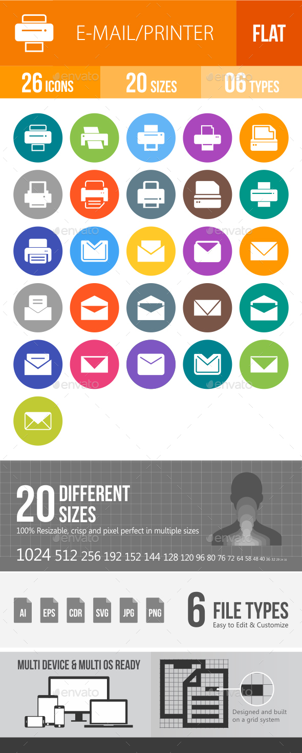 Email & Printer - Technology Flat Round Icons - Icons