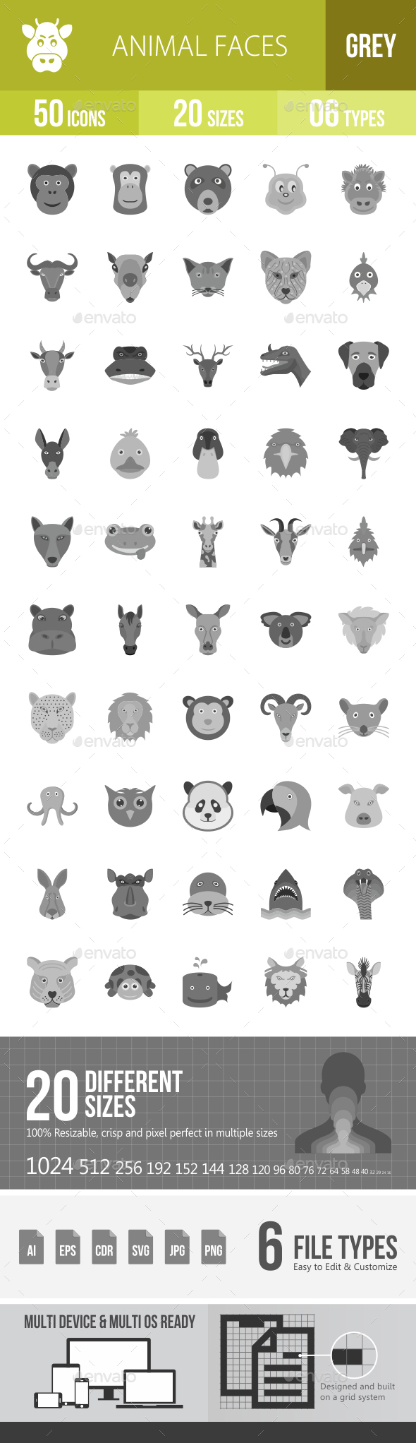 Animal Faces Greyscale Icons - Icons