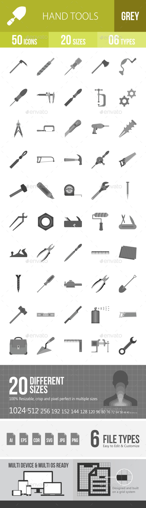 Hand Tools Greyscale Icons - Icons
