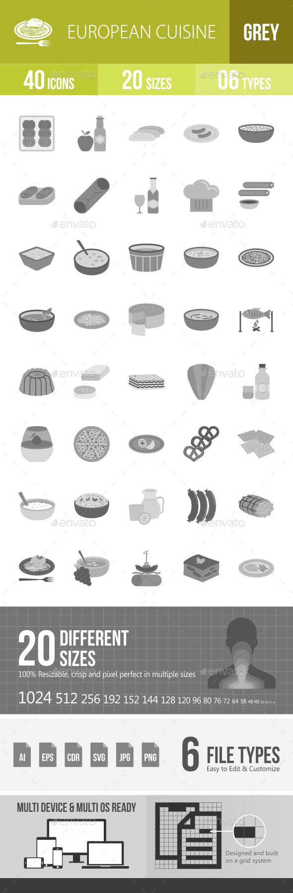European Cuisine Greyscale Icons - Icons