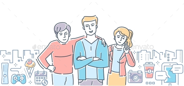 Friendship - Colorful Line Design Style - People Characters
