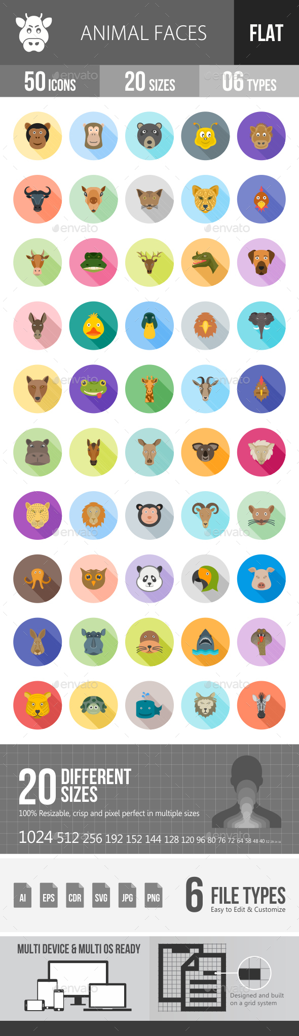 Animal Faces Flat Shadowed Icons - Icons