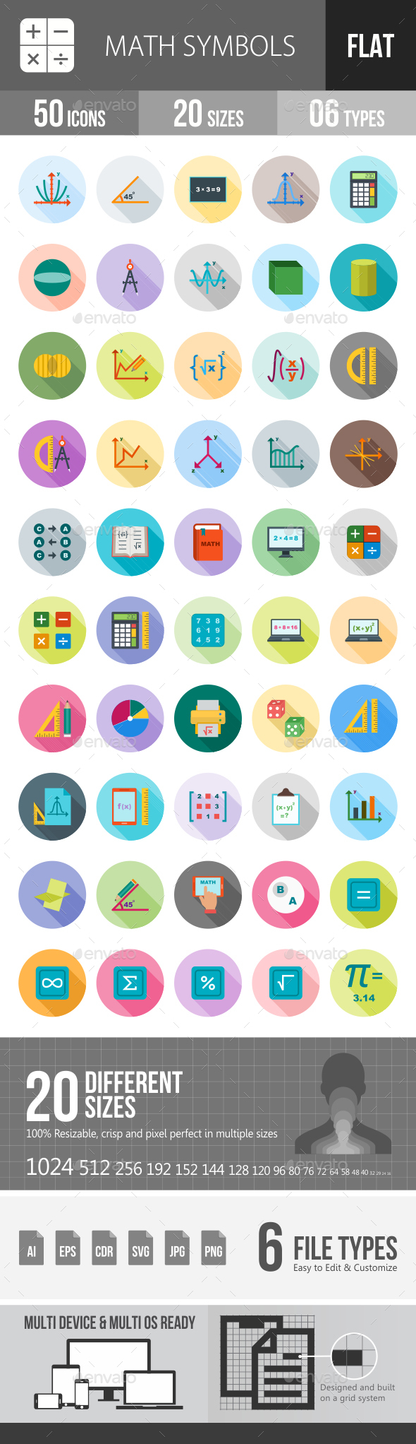Math Symbols Flat Shadowed Icons - Icons