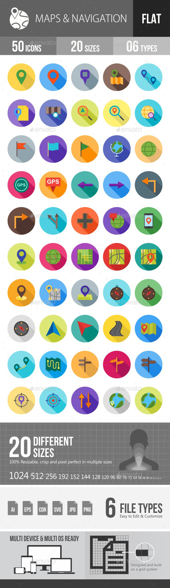 Maps & Navigation Flat Shadowed Icons - Icons