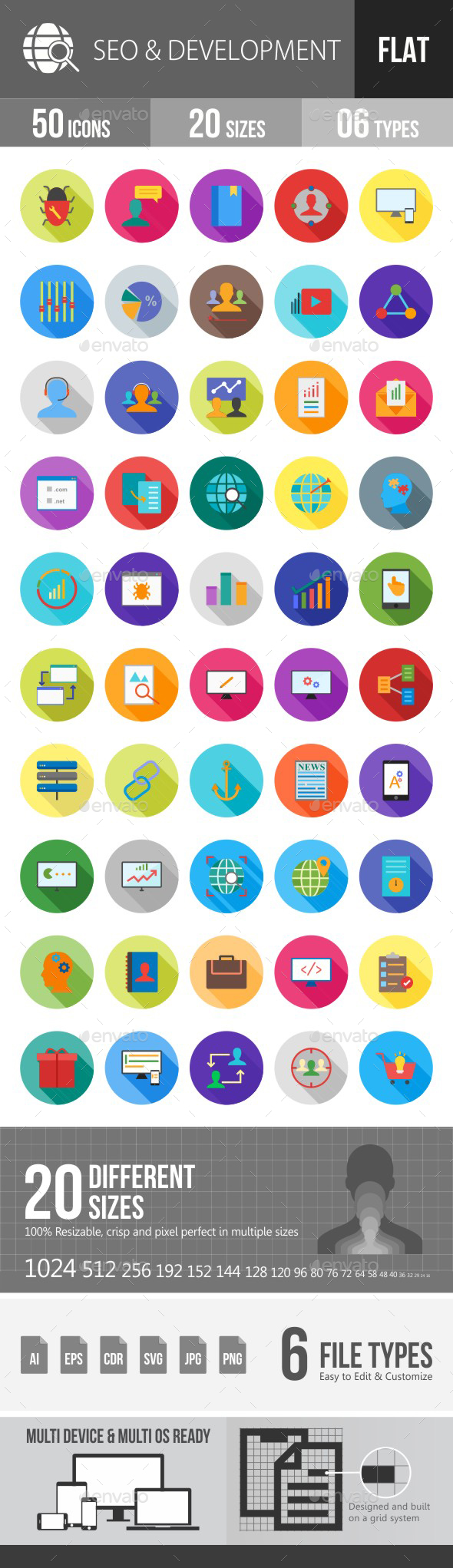 SEO & Development Services Flat Shadowed Icons - Icons