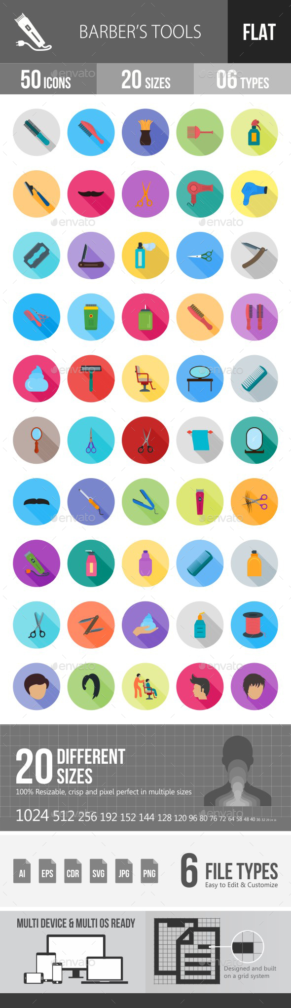 Barber's Tools Flat Shadowed Icons - Icons