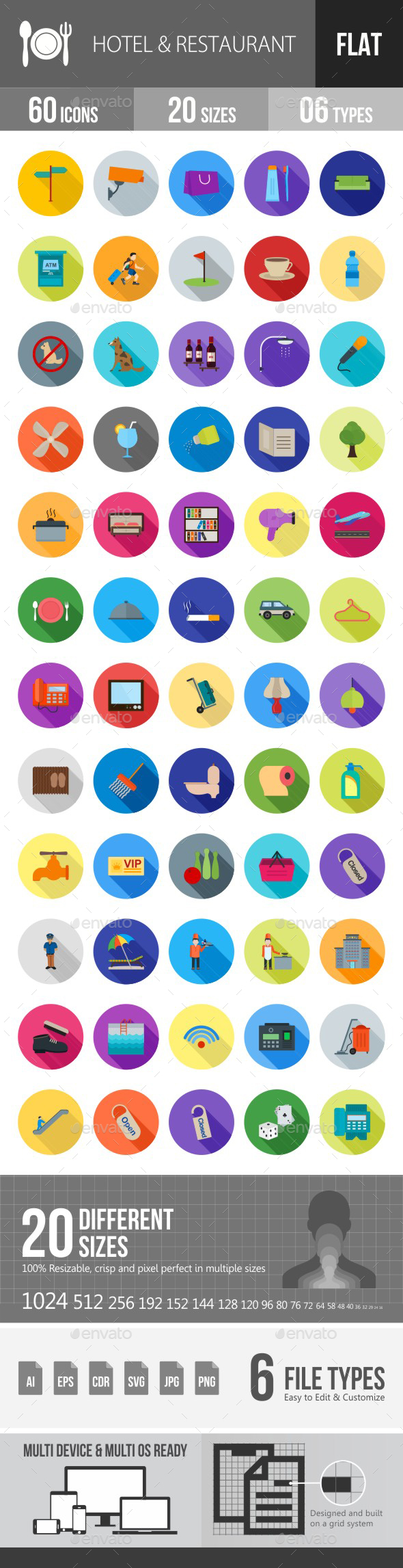 Hotel & Restaurant Flat Shadowed Icons - Icons