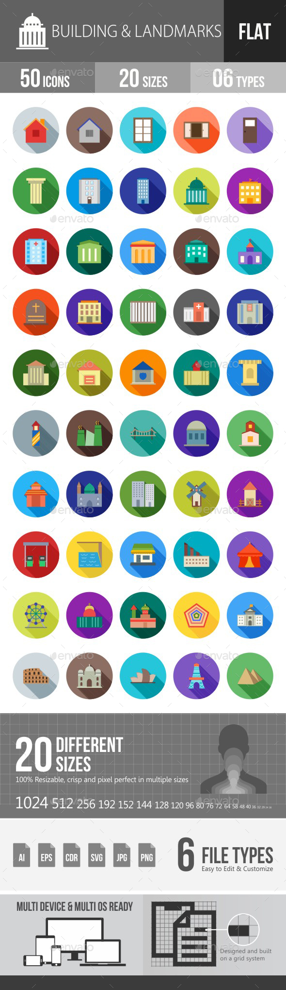 Building & Landmarks Flat Shadowed Icons - Icons