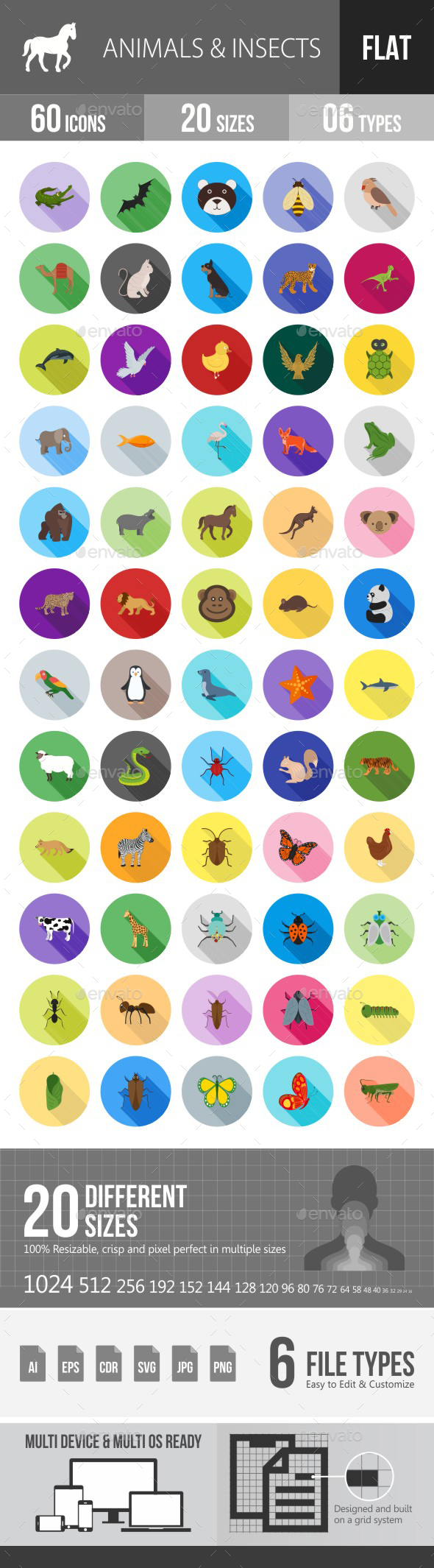 Animals & Insects Flat Shadowed Icons - Icons
