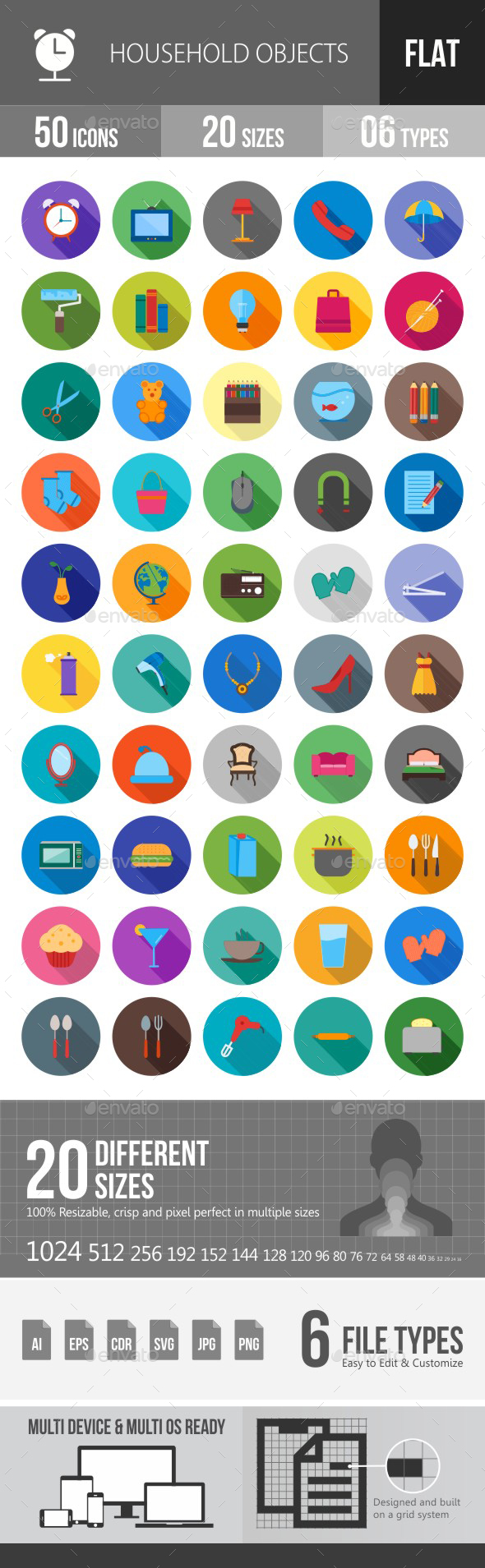 Household Objects Flat Shadowed Icons - Icons