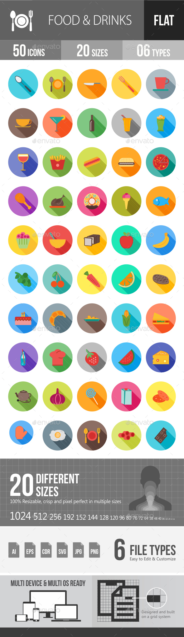 Food & Drinks Flat Shadowed Icons - Icons