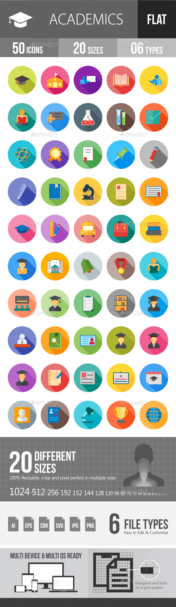 Academics Flat Shadowed Icons - Icons