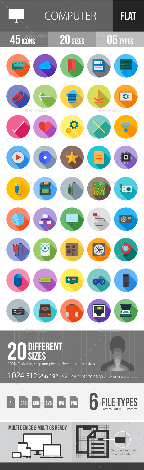 Computer Hardware Flat Shadowed Icons - Icons