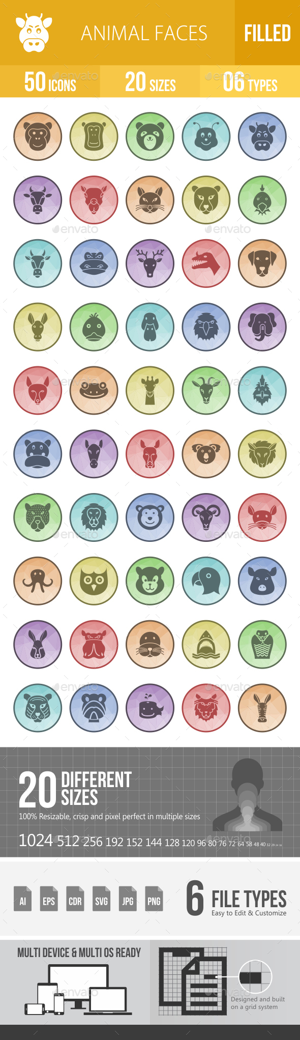 Animal Faces Filled Low Poly B/G Icons - Icons
