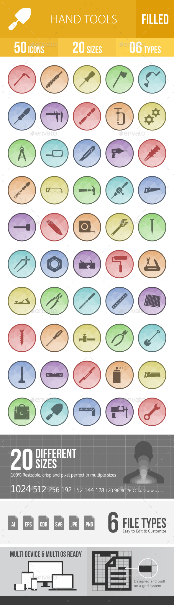 Hand Tools Filled Low Poly B/G Icons - Icons