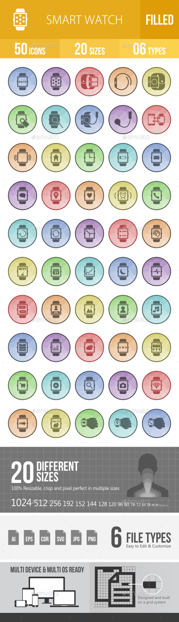 Smart Watch Filled Low Poly B/G Icons - Icons