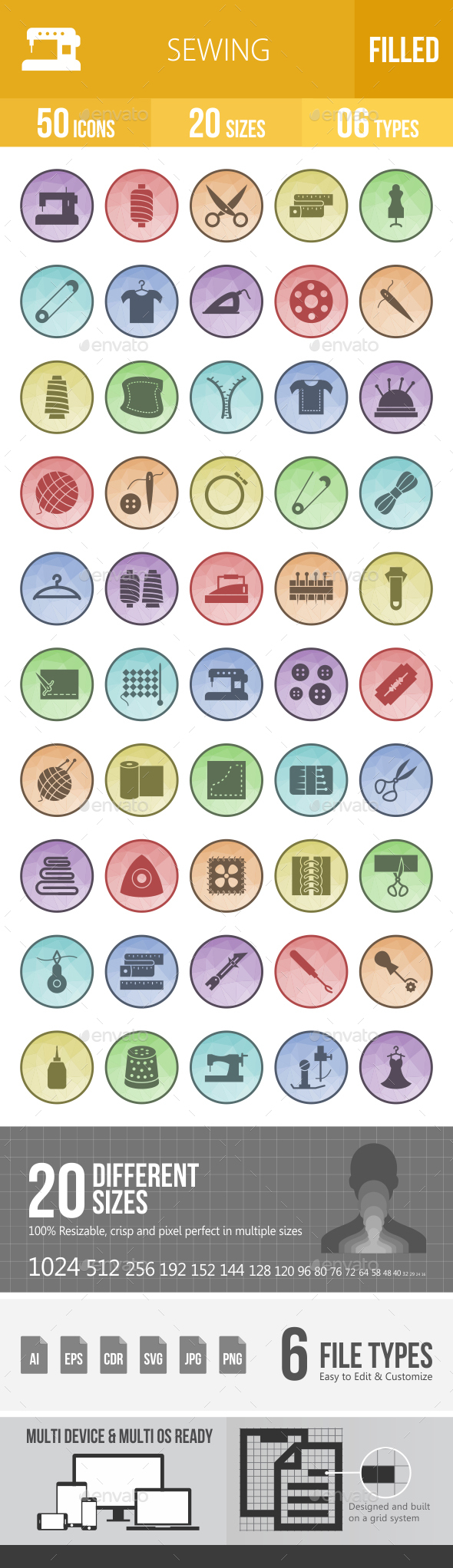 Sewing Filled Low Poly B/G Icons - Icons