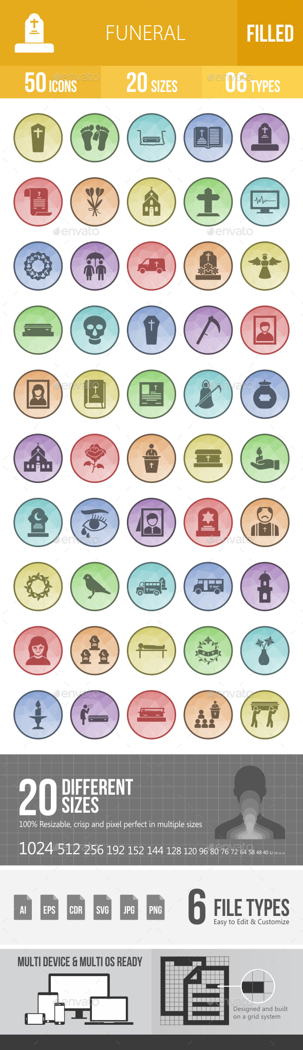 Funeral Filled Low Poly B/G Icons - Icons