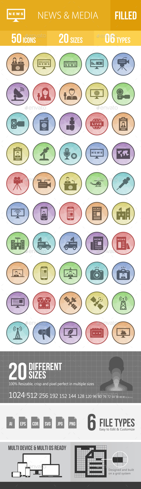 News & Media Filled Low Poly B/G Icons - Icons