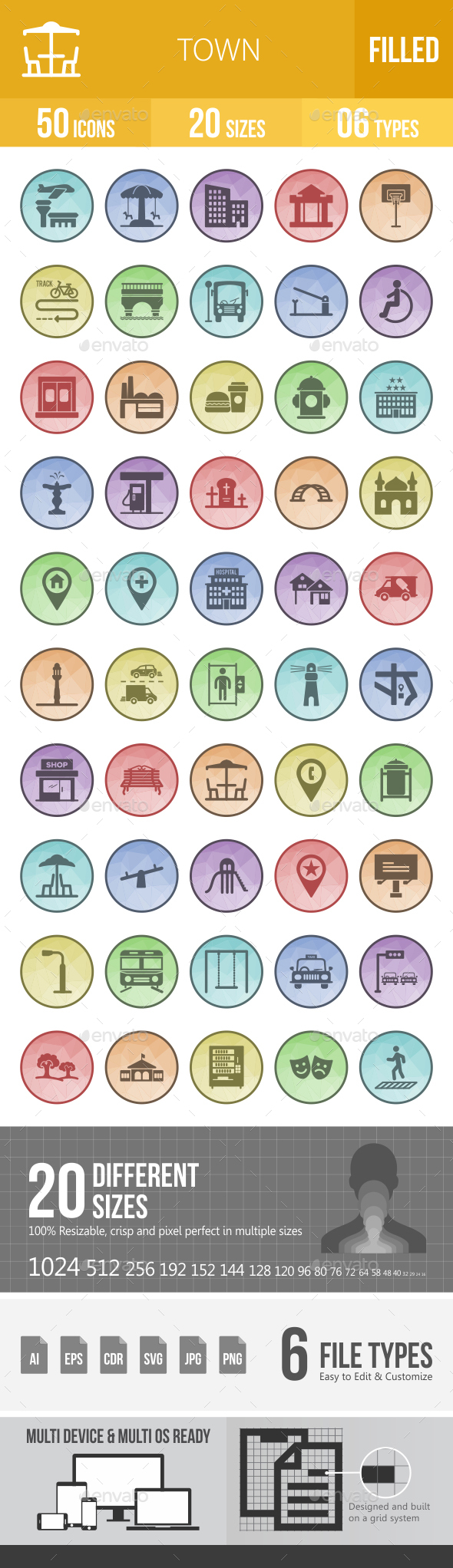 50 Town Filled Low Poly B/G Icons - Icons