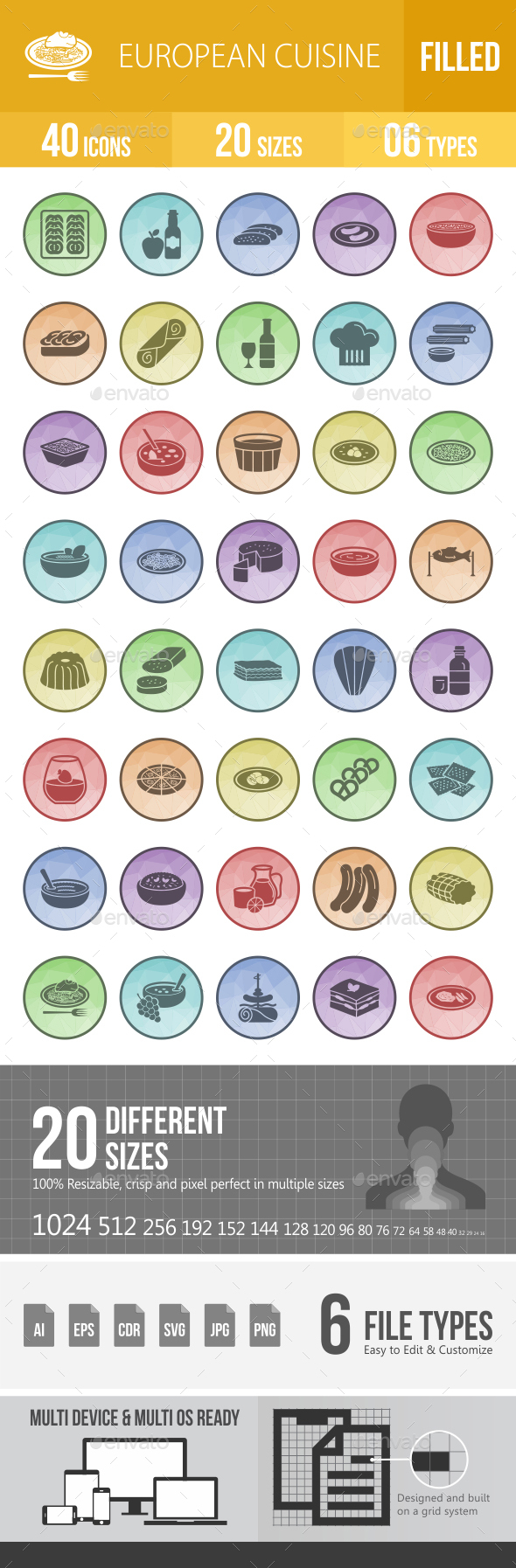 40 European Cuisine Filled Low Poly B/G Icons - Icons