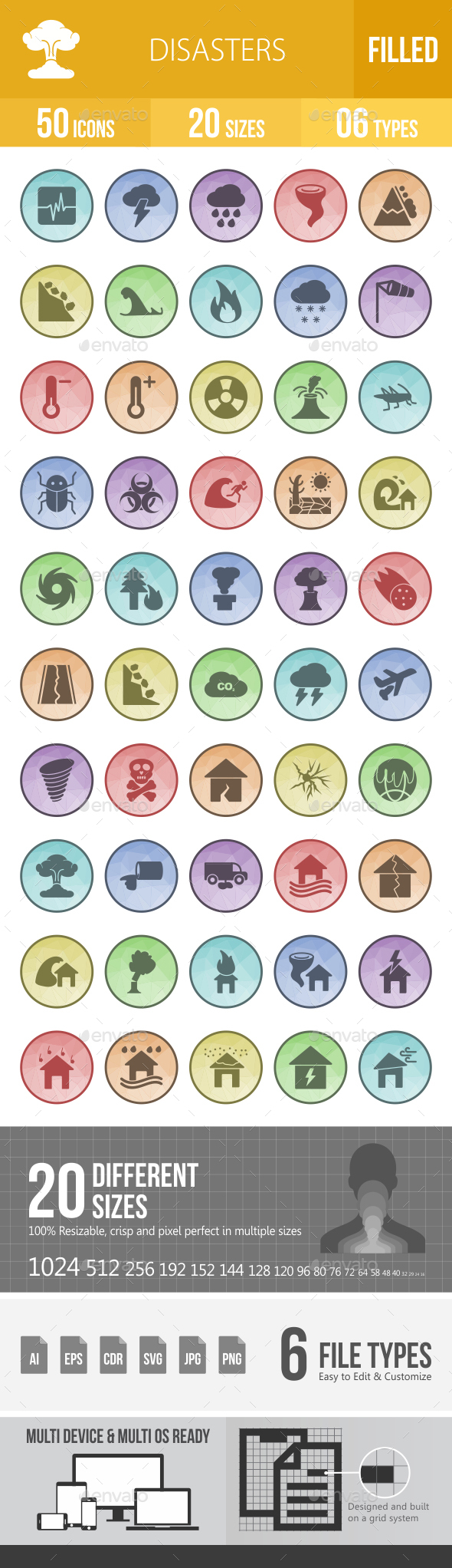 50 Disasters Filled Low Poly B/G Icons - Icons