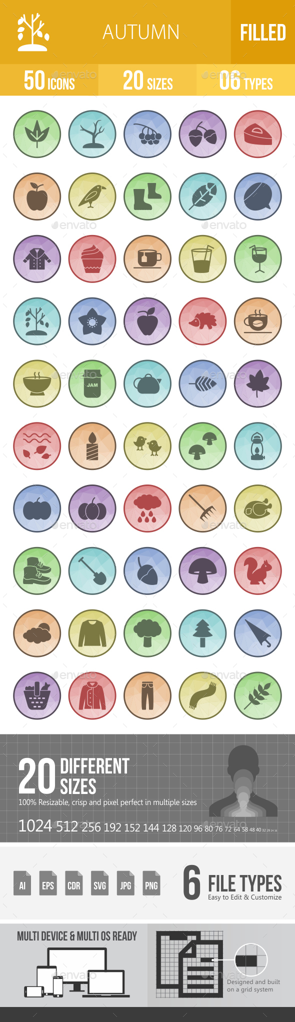 50 Autumn Filled Low Poly B/G Icons - Icons