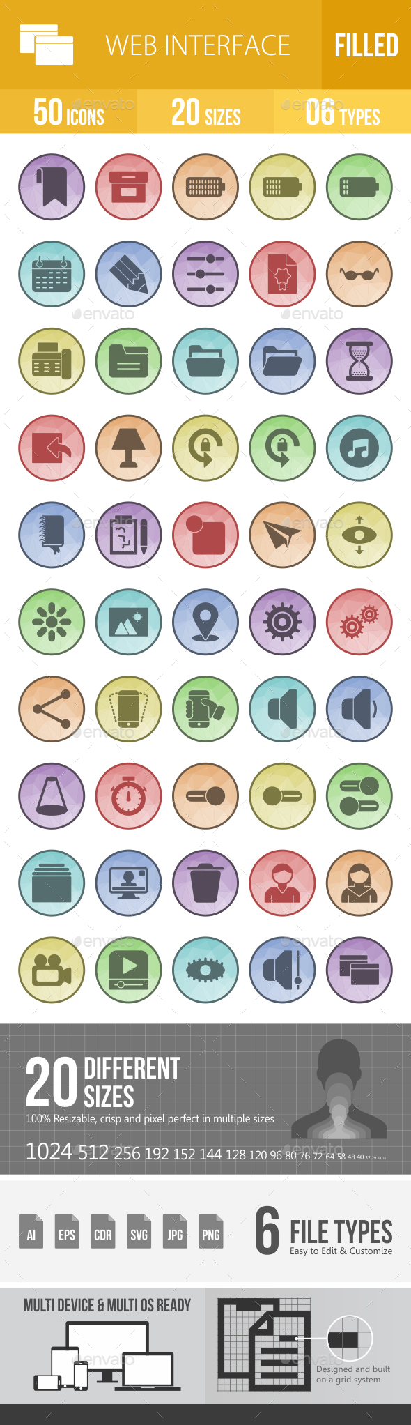 50 Web Interface Filled Low Poly Icons - Icons