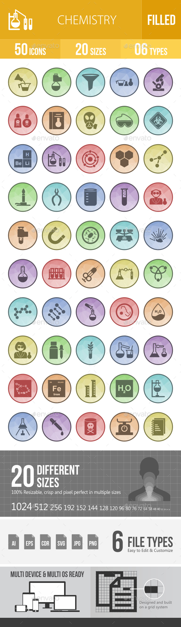 50 Chemistry Filled Low Poly B/G Icons - Icons