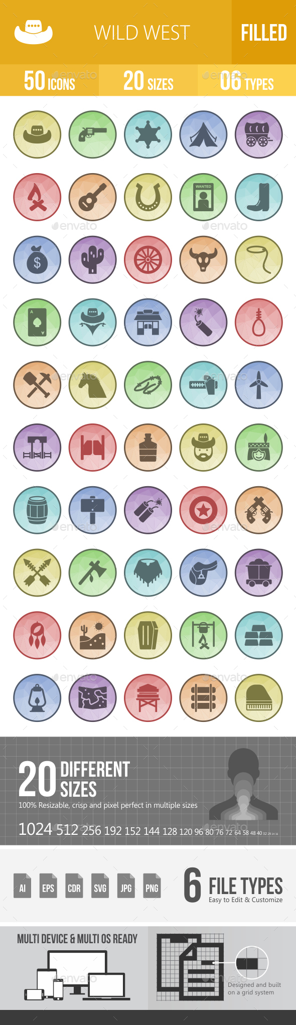 Wild West Filled Low Poly B/G Icons - Icons