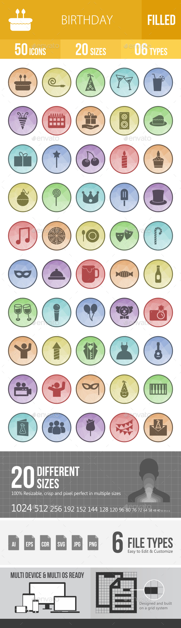 Birthday Filled Low Poly B/G Icons - Icons