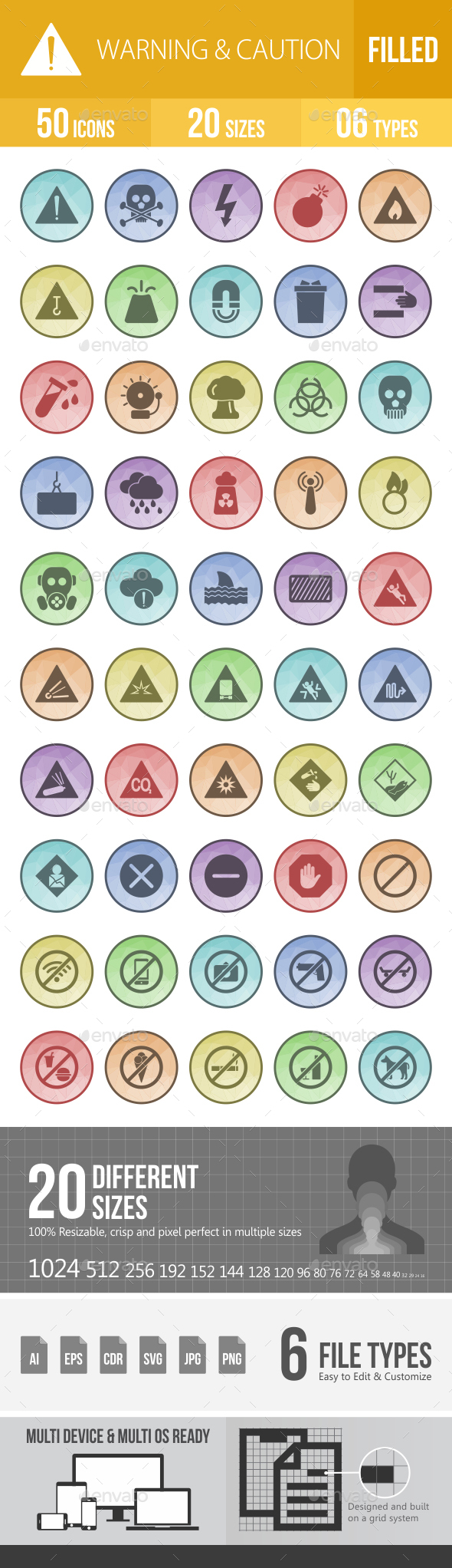 50 Warning & Caution Filled Low Poly Icons - Icons