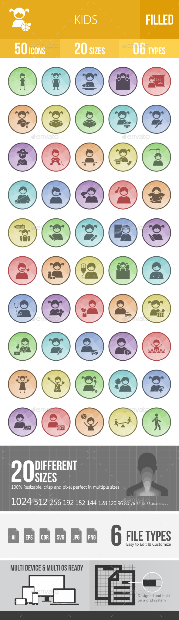 50 Kids Filled Low Poly Icons - Icons