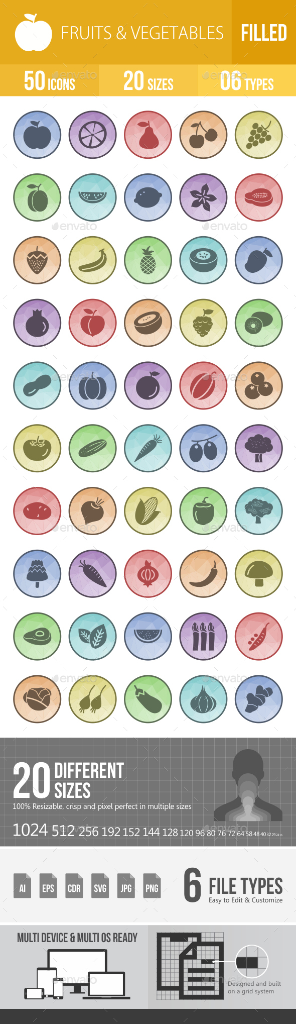 50 Fruits & Vegetables Filled Low Poly Icons - Icons