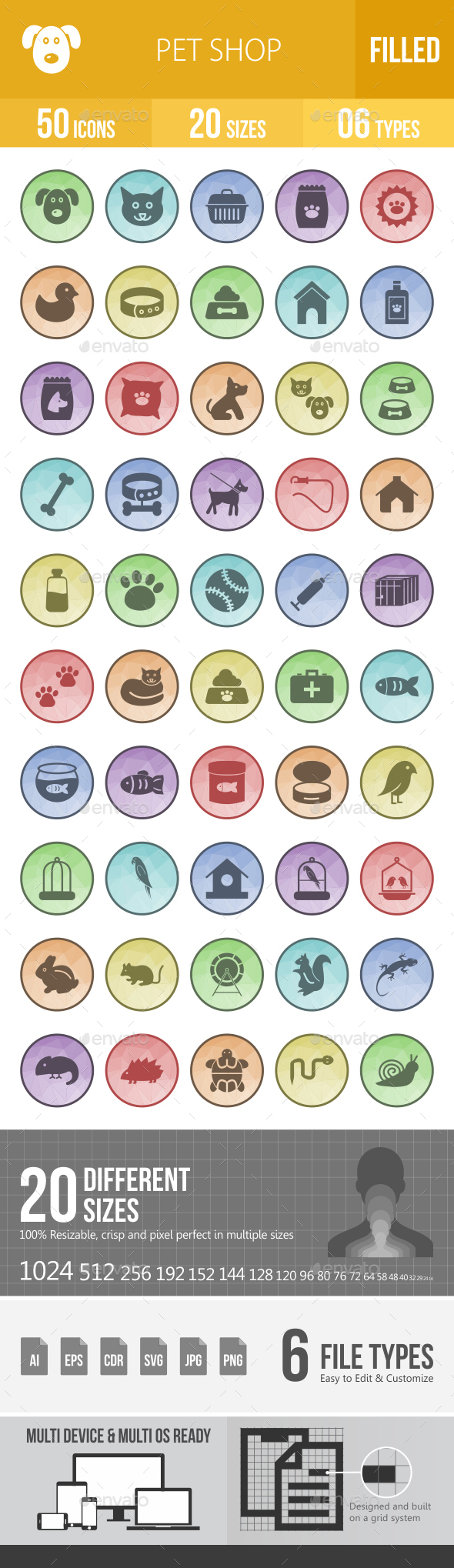 50 Pet Shop Filled Low Poly Icons - Icons