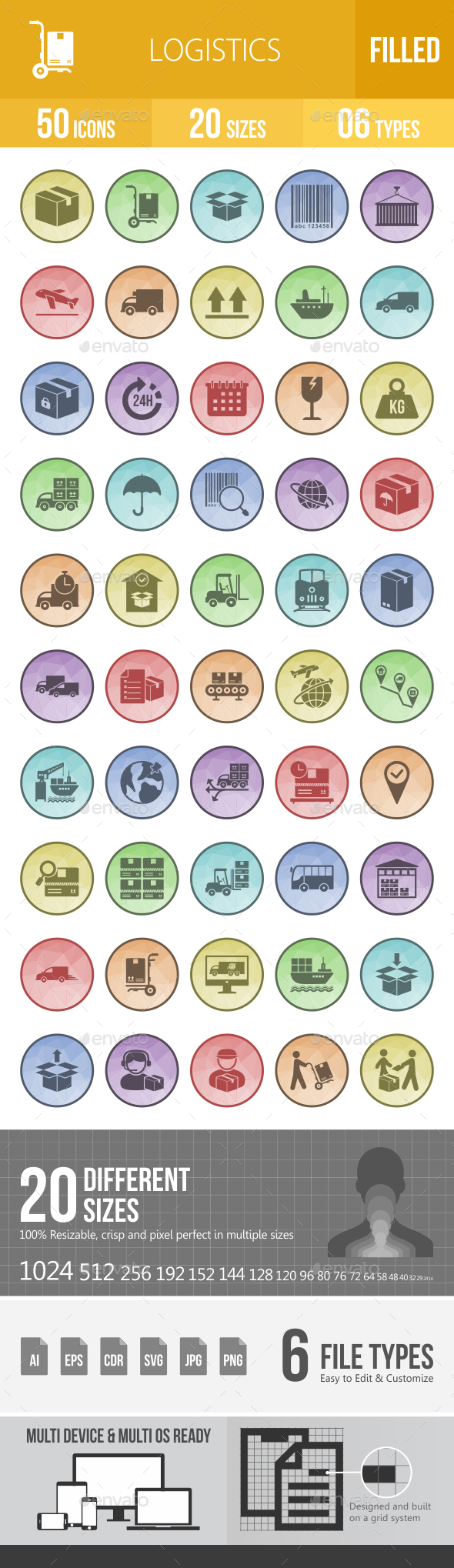 50 Logistics Filled Low Poly Icons - Icons