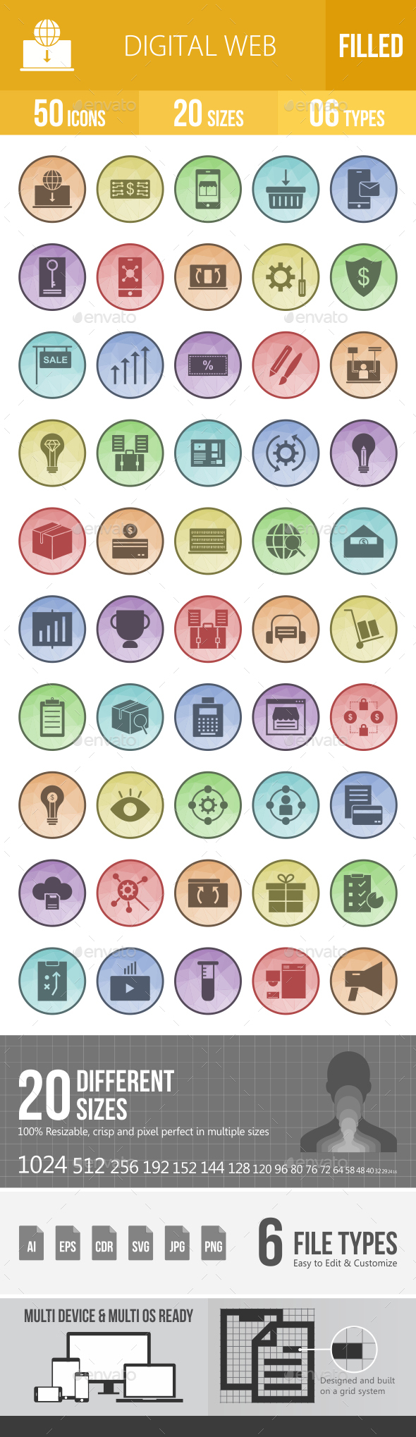 50 Digital Web Filled Low Poly Icons - Icons