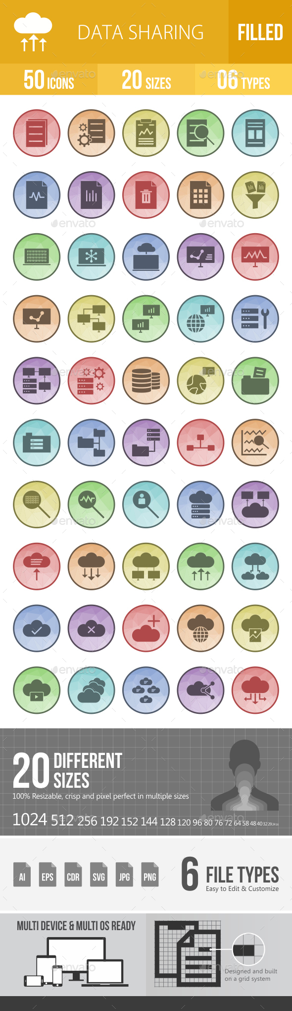 50 Data Sharing Filled Low Poly Icons - Icons