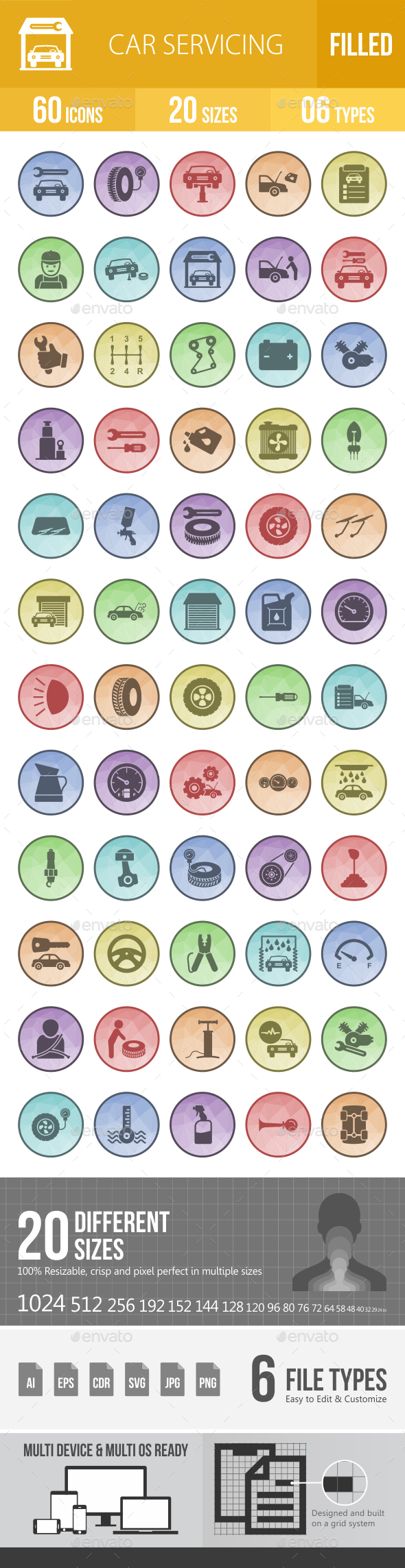 60 Car Servicing Filled Low Poly Icons - Icons